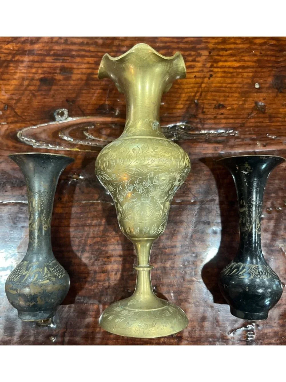 Lot Of 3 Vintage Brass Engraved Decorative Vases With Floral Patterns